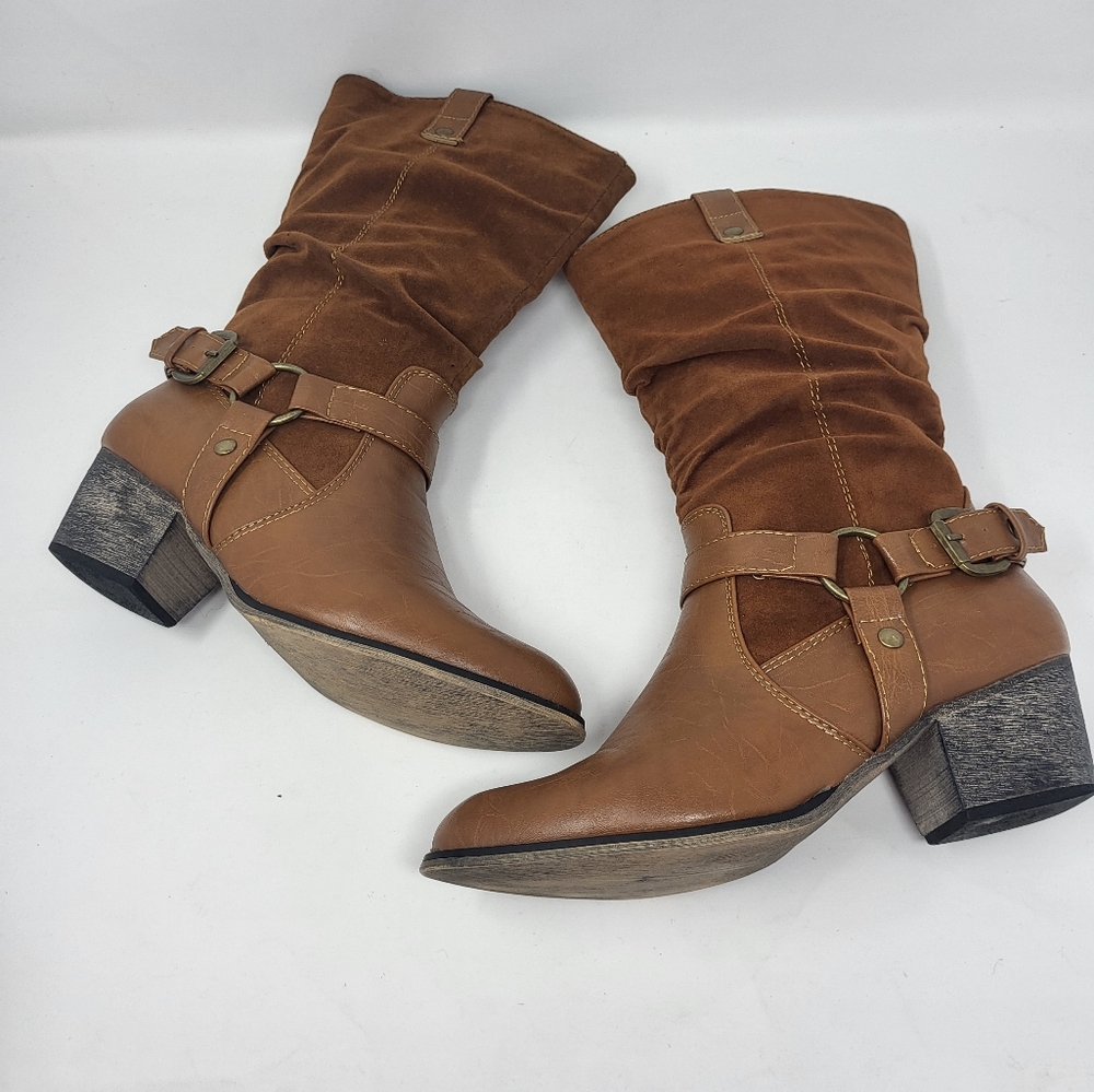 Daily Shoes Zipper Closure Harness Heeled Boots Tan Faux Suede Tan Brown Size 8